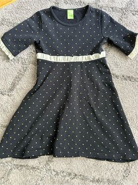 Peekaboo Beans Black Dress with Gold Dot Print and Cream Ruffle Trim
